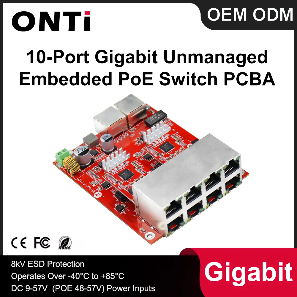 ONTi 10-Port Gigabit Embedded Switch PCBA: Choose PoE (48-57V) or Non-PoE (9-57V), 8kV ESD, -40~85℃, for Industrial & Automation
ONTi 10-Port Gigabit Embedded Switch PCBA: Choose PoE (48-57V) or Non-PoE (9-57V), 8kV ESD, -40~85℃, for Industrial & Automation