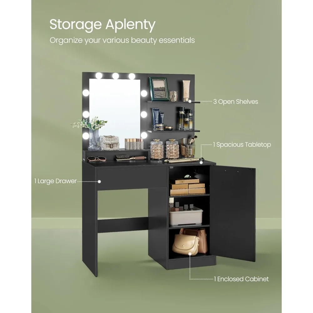 Vanity Desk with Mirror and Lights, 35.4-Inch Wide Makeup Vanity with Upholstered Vanity Stool, Power, Customized
Vanity Desk with Mirror and Lights, 35.4-Inch Wide Makeup Vanity with Upholstered Vanity Stool, Power, Customized