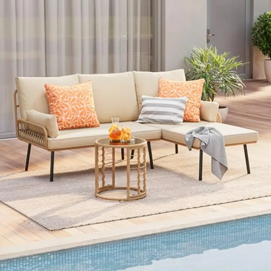 3-Piece Outdoor Patio Furniture Set All-Weather PE Wicker L-Shaped Conversation Sofa with Thick Cushions Glass Table in Beige f
3-Piece Outdoor Patio Furniture Set All-Weather PE Wicker L-Shaped Conversation Sofa with Thick Cushions Glass Table in Beige f