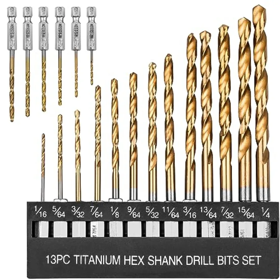 19 PCS Hex Shank Drill Bit Set, 1/16"-1/4" HSS Titanium Coated Twist Bits for Metal Wood Plastic, 4241 High Speed Steel Small Q
19 PCS Hex Shank Drill Bit Set, 1/16"-1/4" HSS Titanium Coated Twist Bits for Metal Wood Plastic, 4241 High Speed Steel Small Q