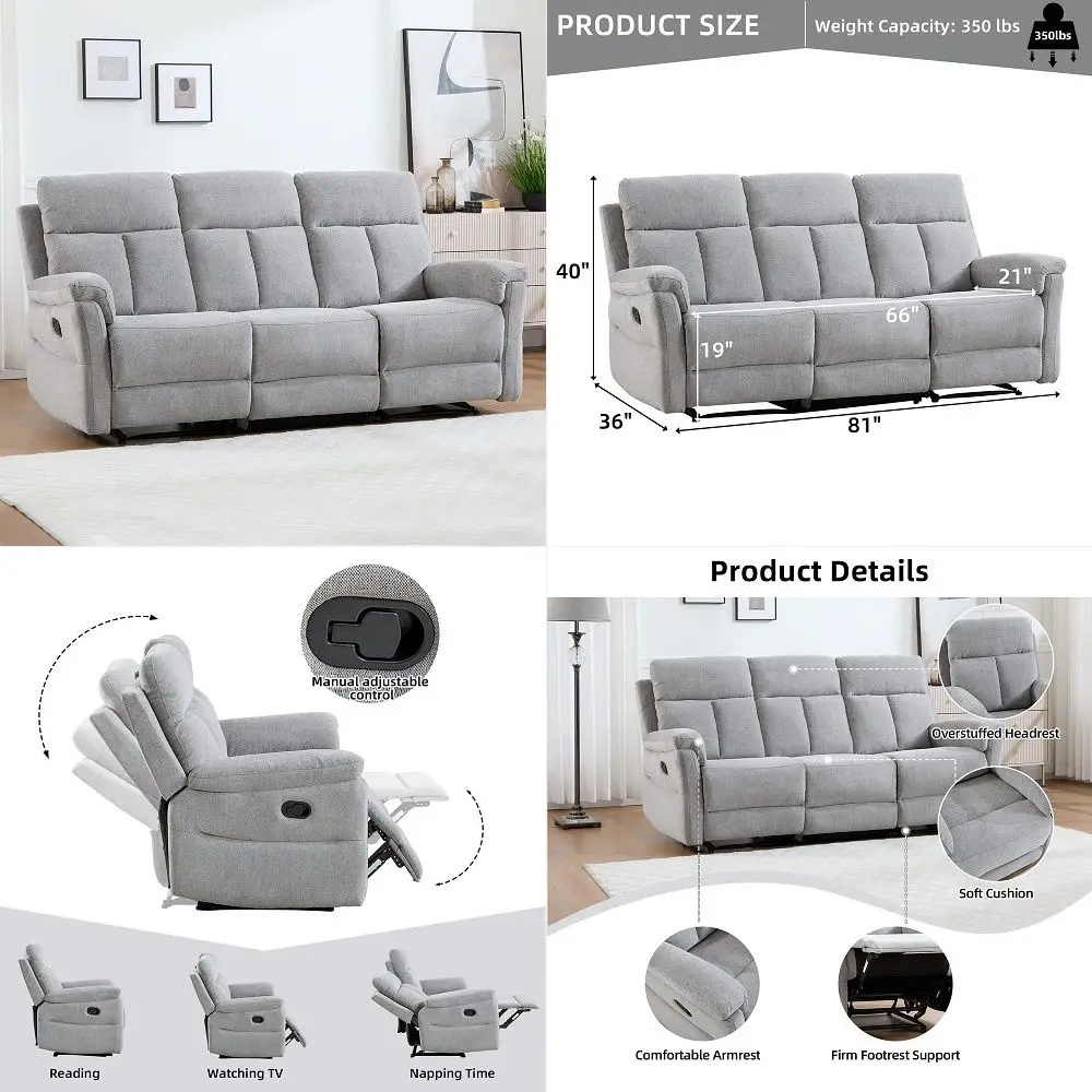 Manual Reclining Sofa, 3 Seat Soft Fabric Recliner Couch for Adults with Overstuffed Arms and Back, Sofa Recliner for Living Ro
Manual Reclining Sofa, 3 Seat Soft Fabric Recliner Couch for Adults with Overstuffed Arms and Back, Sofa Recliner for Living Ro