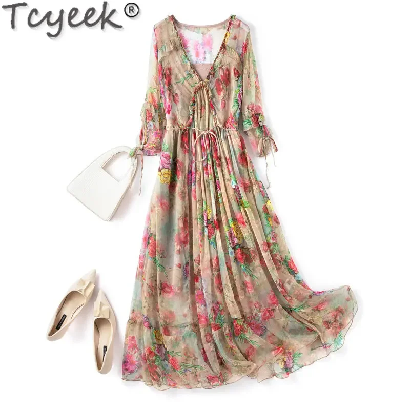 Tcyeek 100% Mulberry Silk Dress 2023 Summer Real Silk Midi Dresses for Women Elegant Floral Dress Half Sleeves Ropa Para Mujer
Tcyeek 100% Mulberry Silk Dress 2023 Summer Real Silk Midi Dresses for Women Elegant Floral Dress Half Sleeves Ropa Para Mujer