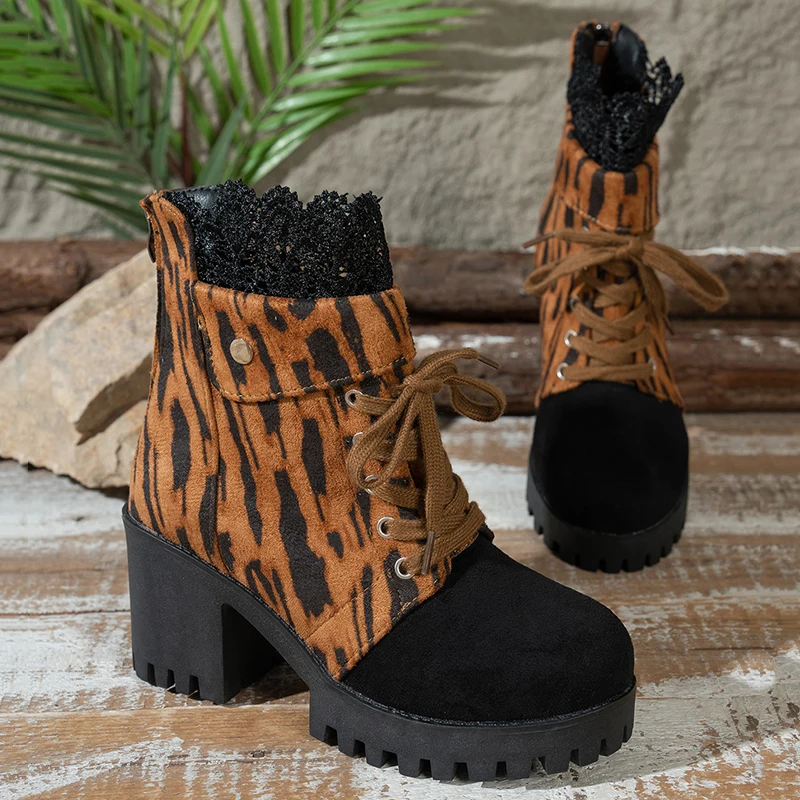 Women Leopard Print Chunky Heeled Ankle Boots Autumn Winter Fashion Lace Platform Booties Woman Non Slip High Heels Boots
Women Leopard Print Chunky Heeled Ankle Boots Autumn Winter Fashion Lace Platform Booties Woman Non Slip High Heels Boots