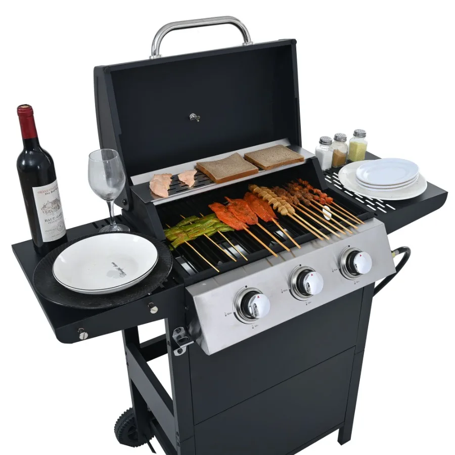 Patio garden propane gas grill with 4 burners, stainless steel construction, black finish, 34, 000 BTU output, two shelves, lid
Patio garden propane gas grill with 4 burners, stainless steel construction, black finish, 34, 000 BTU output, two shelves, lid
