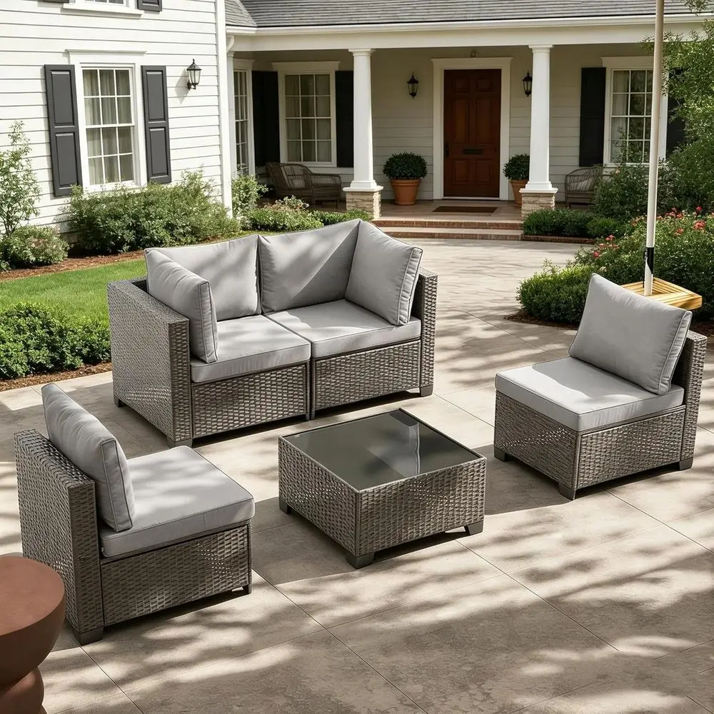 5 Pieces Outdoor Patio urniture Sets, All-Weather Sectional Soa k Brown PE Rattan Wicker Contion Set with Glass Table and Washab
5 Pieces Outdoor Patio urniture Sets, All-Weather Sectional Soa k Brown PE Rattan Wicker Contion Set with Glass Table and Washab