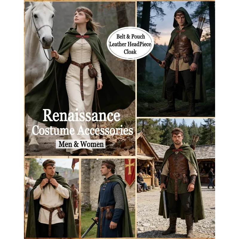 4 Pieces Medieval Renaissance Hooded Cloak Outfit, Cosplay Costume Accessories with Belt for Halloween Party
4 Pieces Medieval Renaissance Hooded Cloak Outfit, Cosplay Costume Accessories with Belt for Halloween Party