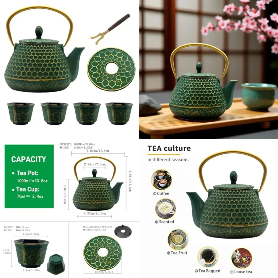Cast Iron Teapot and Cups Set, 33.8oz Hexagon Pattern Tea Pot Enameled Interior, Tea Kettle for Stovetop, Japanese Teapot Set w
Cast Iron Teapot and Cups Set, 33.8oz Hexagon Pattern Tea Pot Enameled Interior, Tea Kettle for Stovetop, Japanese Teapot Set w