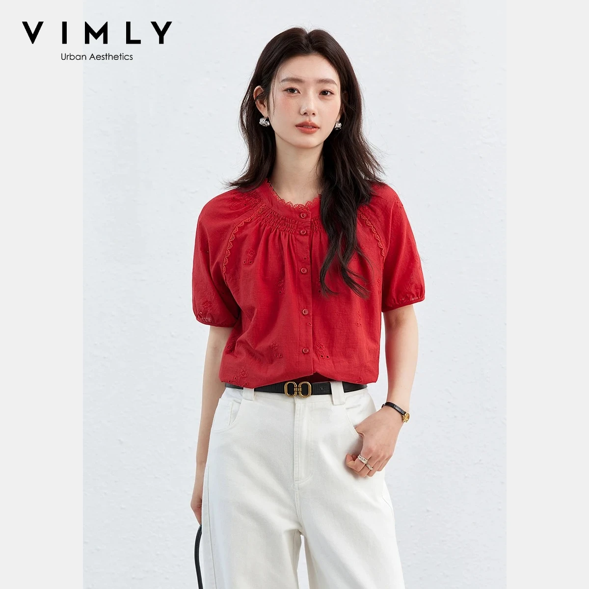 VIMLY Women's Red Casual Short Sleeve T-shirt 2026 Summer Lace Trim Crew Neck 100% Cotton Hollow Out Embroidery Loose Top A5195
VIMLY Women's Red Casual Short Sleeve T-shirt 2026 Summer Lace Trim Crew Neck 100% Cotton Hollow Out Embroidery Loose Top A5195