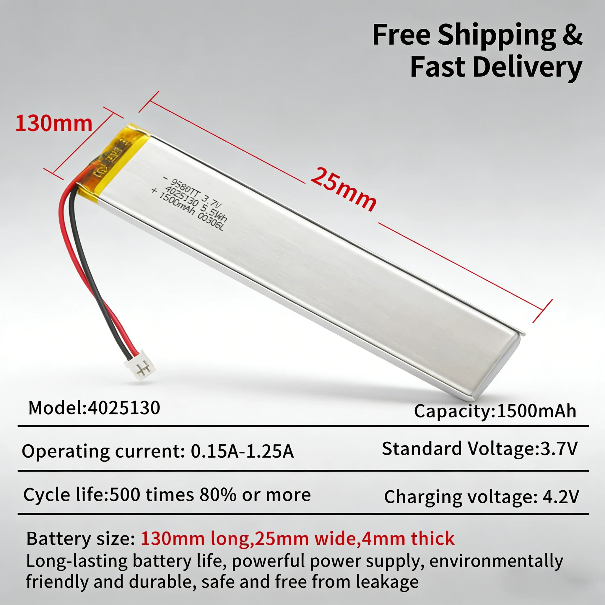 425130 3.7V 1500mAh LiPo Battery for E-book Reader LED Strip Light Motion Sensor Night Light Rechargeable Cell
425130 3.7V 1500mAh LiPo Battery for E-book Reader LED Strip Light Motion Sensor Night Light Rechargeable Cell