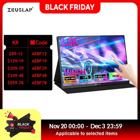 ZEUSLAP 16 "2.5K 144hz écran tactile moniteur Portable 2560*1600 100% sRGB 500Cd/m2 affichage de voyage pour ordinateur Portable