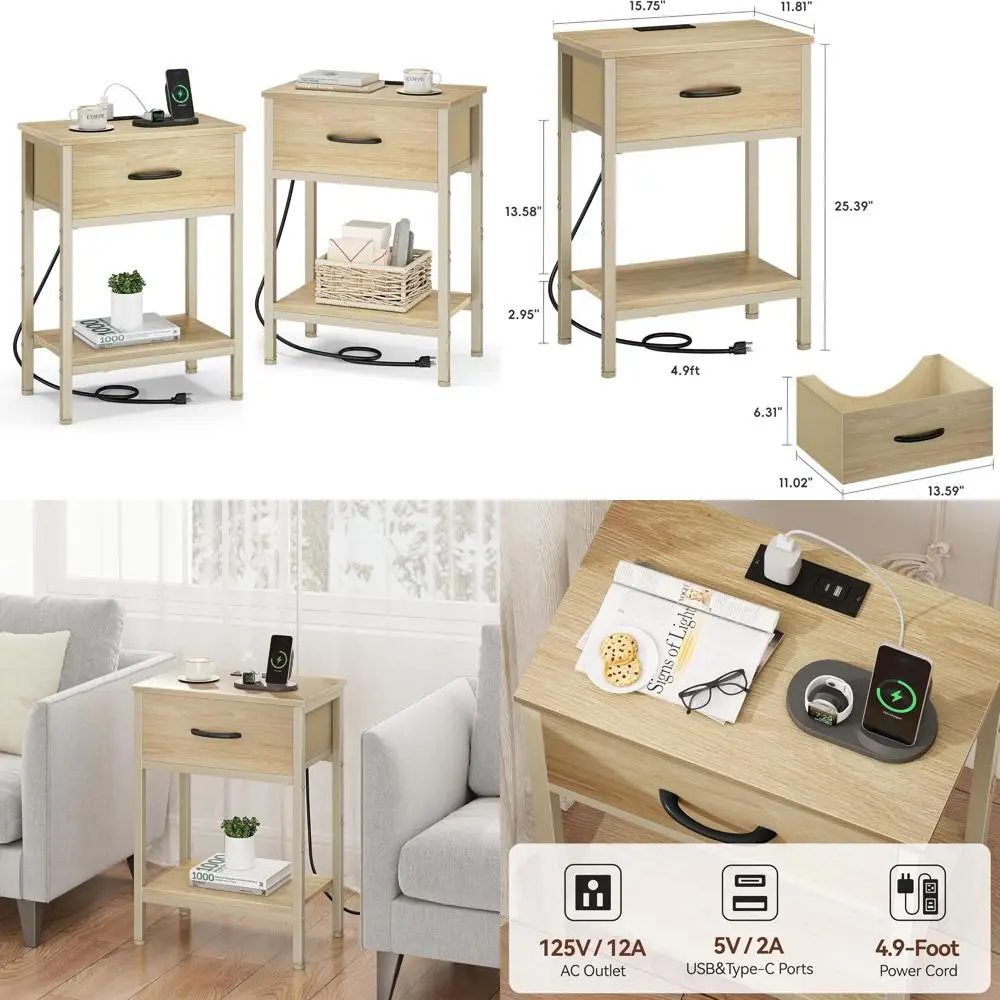 Pair of 25.4 Natural Wood Nightstands with Fabric Drawers and 2-Tier Shelves for Charging and Storage
Pair of 25.4 Natural Wood Nightstands with Fabric Drawers and 2-Tier Shelves for Charging and Storage