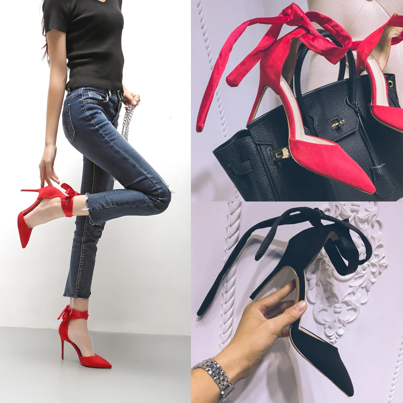 Женские туфли с острым носком, универсальные пикантные туфли на высоком тонком каблуке, с ремешком, с вырезами, для ночного клуба, на среднем каблуке, осень