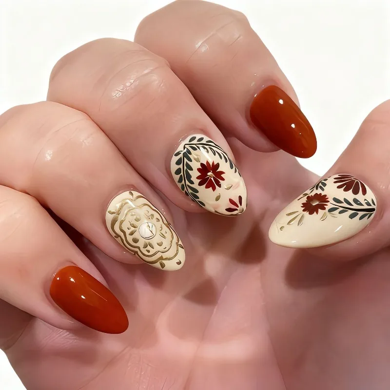 24PCS Autumn Winter Almond Fake Nails Flower Leaves Golden Pattern Design Press on Nails Simple European American Fashion Nails
24PCS Autumn Winter Almond Fake Nails Flower Leaves Golden Pattern Design Press on Nails Simple European American Fashion Nails
