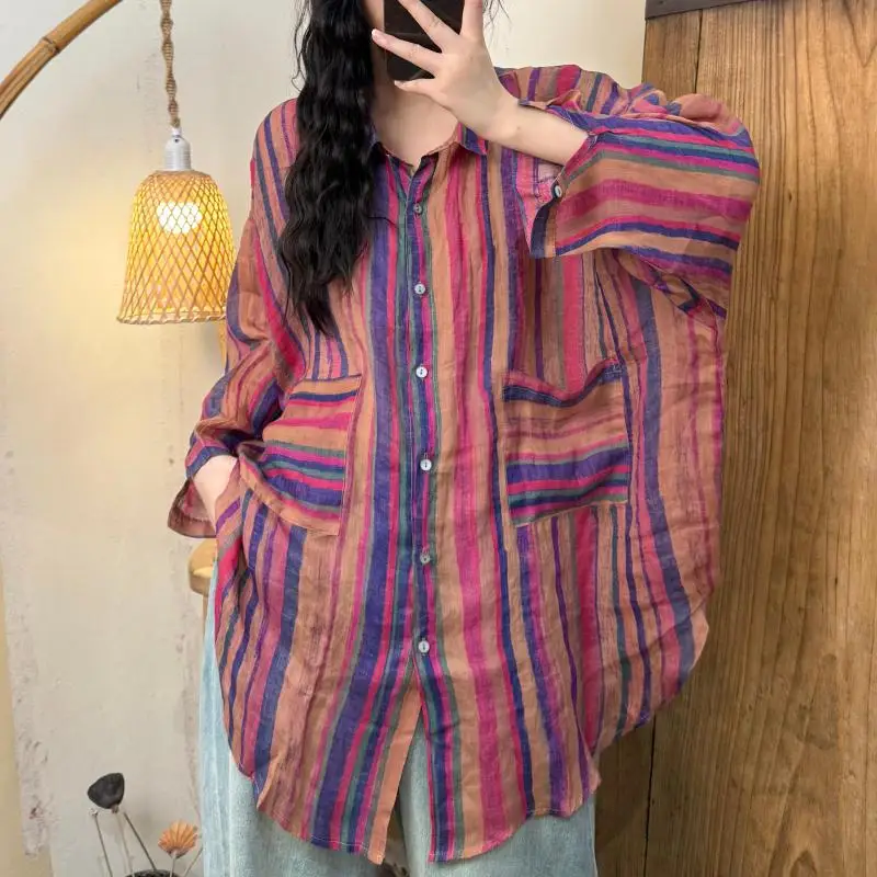 Summer New Arts Style Women Turn-down Collar Loose Single Breasted Blouse Double Pockets Vintage Striped Ramie Long Shirt TH112 
Summer New Arts Style Women Turn-down Collar Loose Single Breasted Blouse Double Pockets Vintage Striped Ramie Long Shirt TH112