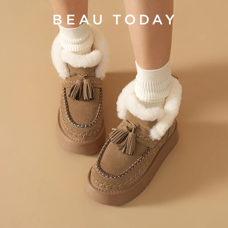 BEAUTODAY Snow Boots Women Cow Suede Solid Color Tassel Design Round Toe Platform Slip-On Furry Ladies Shoes Handmade 08089
BEAUTODAY Snow Boots Women Cow Suede Solid Color Tassel Design Round Toe Platform Slip-On Furry Ladies Shoes Handmade 08089