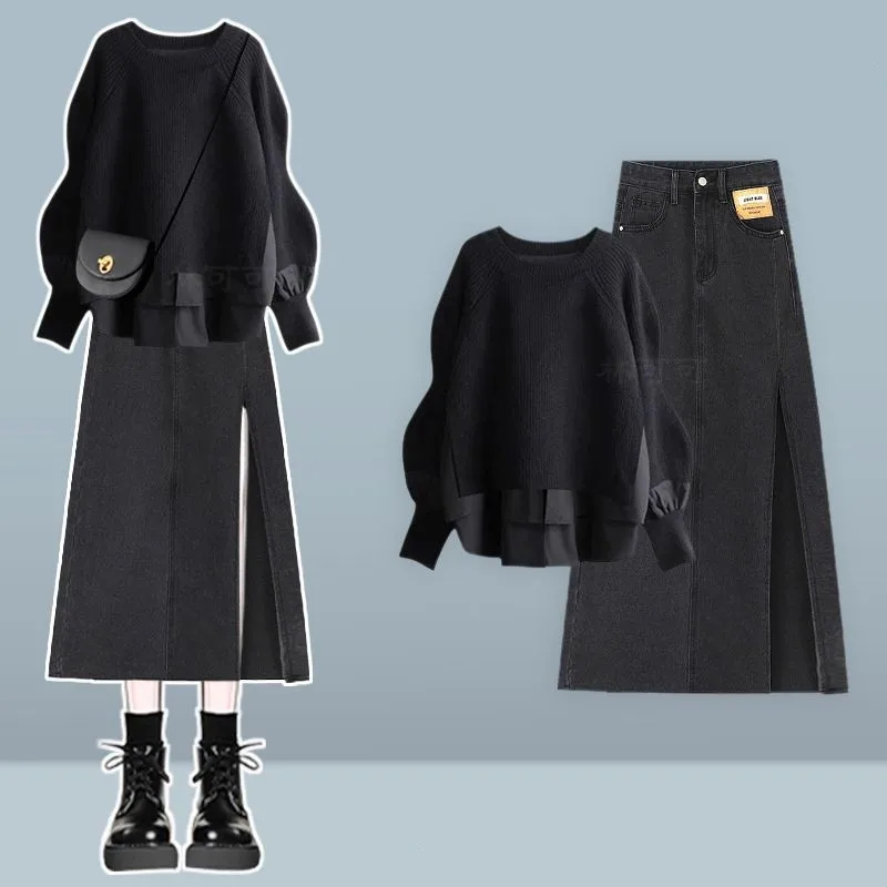 Women's 2025 Autumn Winter New Dress Matching Set Korean Elegant Fake Two-piece Long-sleeved Knit Sweater +sexy Denim Skirt Suit
Women's 2025 Autumn Winter New Dress Matching Set Korean Elegant Fake Two-piece Long-sleeved Knit Sweater +sexy Denim Skirt Suit