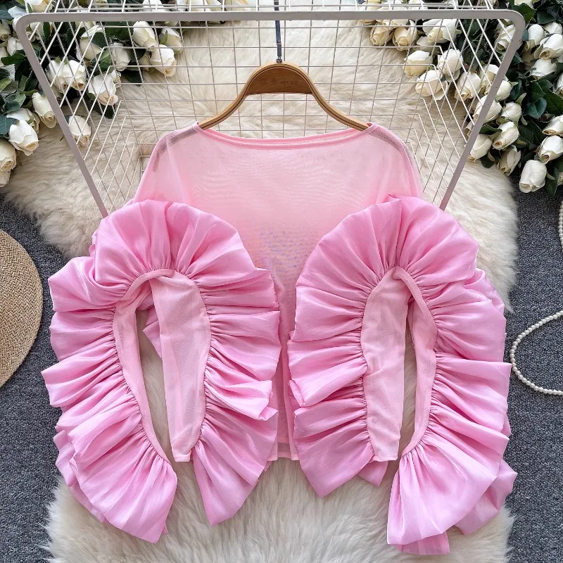 Fashion Ruffles Patchwork Long Sleeve T-shirts Y2k See Through Mesh Top for Women 2025 Summer New Slim Fit Tee Shirt
Fashion Ruffles Patchwork Long Sleeve T-shirts Y2k See Through Mesh Top for Women 2025 Summer New Slim Fit Tee Shirt