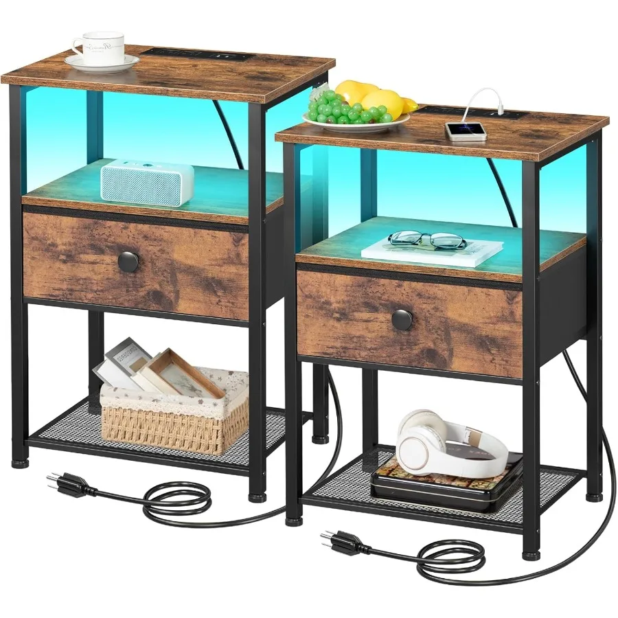 Night Stand Set 2 LED Nightstand with Charging Station End Tables Living Room with Fabric Drawer for Small Spaces Bed Side Tabl
Night Stand Set 2 LED Nightstand with Charging Station End Tables Living Room with Fabric Drawer for Small Spaces Bed Side Tabl