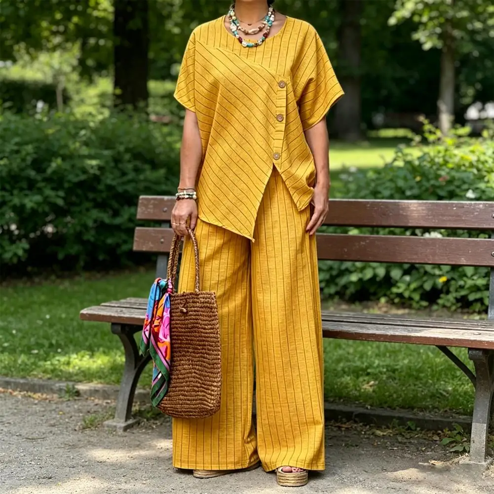 Casual Women Outfit Women's Striped Short Sleeve Two-piece Outfit Set Summer Crew Neck Top with Pockets Long Pants Lounge
Casual Women Outfit Women's Striped Short Sleeve Two-piece Outfit Set Summer Crew Neck Top with Pockets Long Pants Lounge