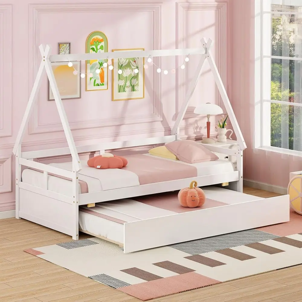 Twin Size Wood Bed with Trundle, Safety Guardrail, Low Height Teepee Design, Suitable for Kids and Teens, White, No Box Spring R
Twin Size Wood Bed with Trundle, Safety Guardrail, Low Height Teepee Design, Suitable for Kids and Teens, White, No Box Spring R