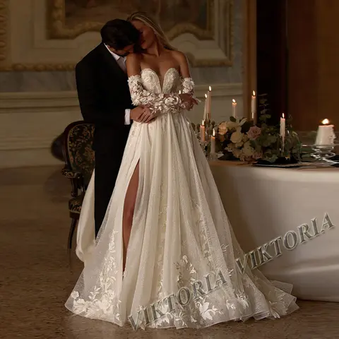 VIKTORIA charmante fente robes De Mariée pour les femmes mariée a-ligne bretelles plissé dentelle Tulle Robe De Mariée personnalisé personnalisé