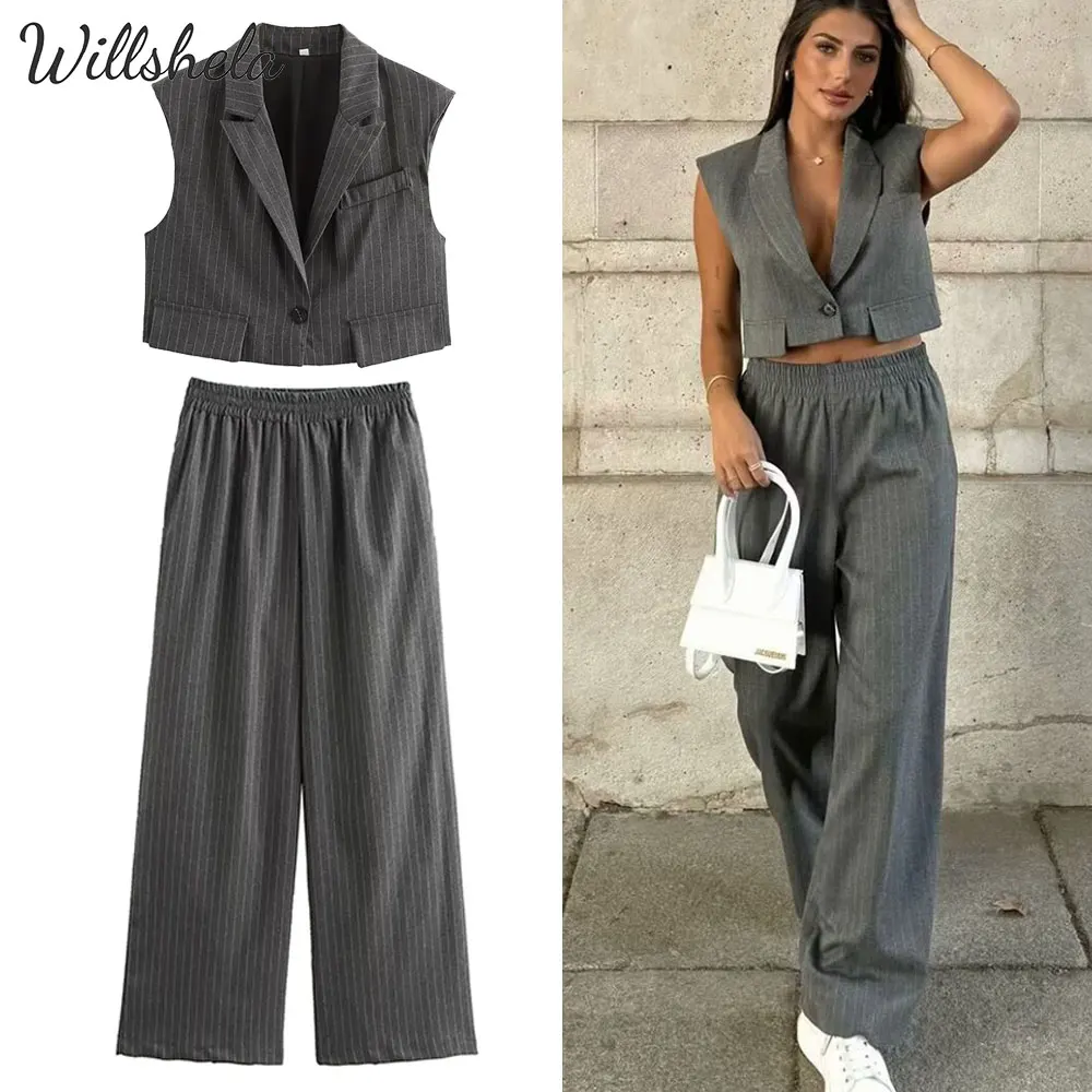Willshela Women 2 Pieces Sets Grey Striped Vest and Elastic Waist Straight Pant Female Office Lady Mujer Trousers Coordinates
Willshela Women 2 Pieces Sets Grey Striped Vest and Elastic Waist Straight Pant Female Office Lady Mujer Trousers Coordinates