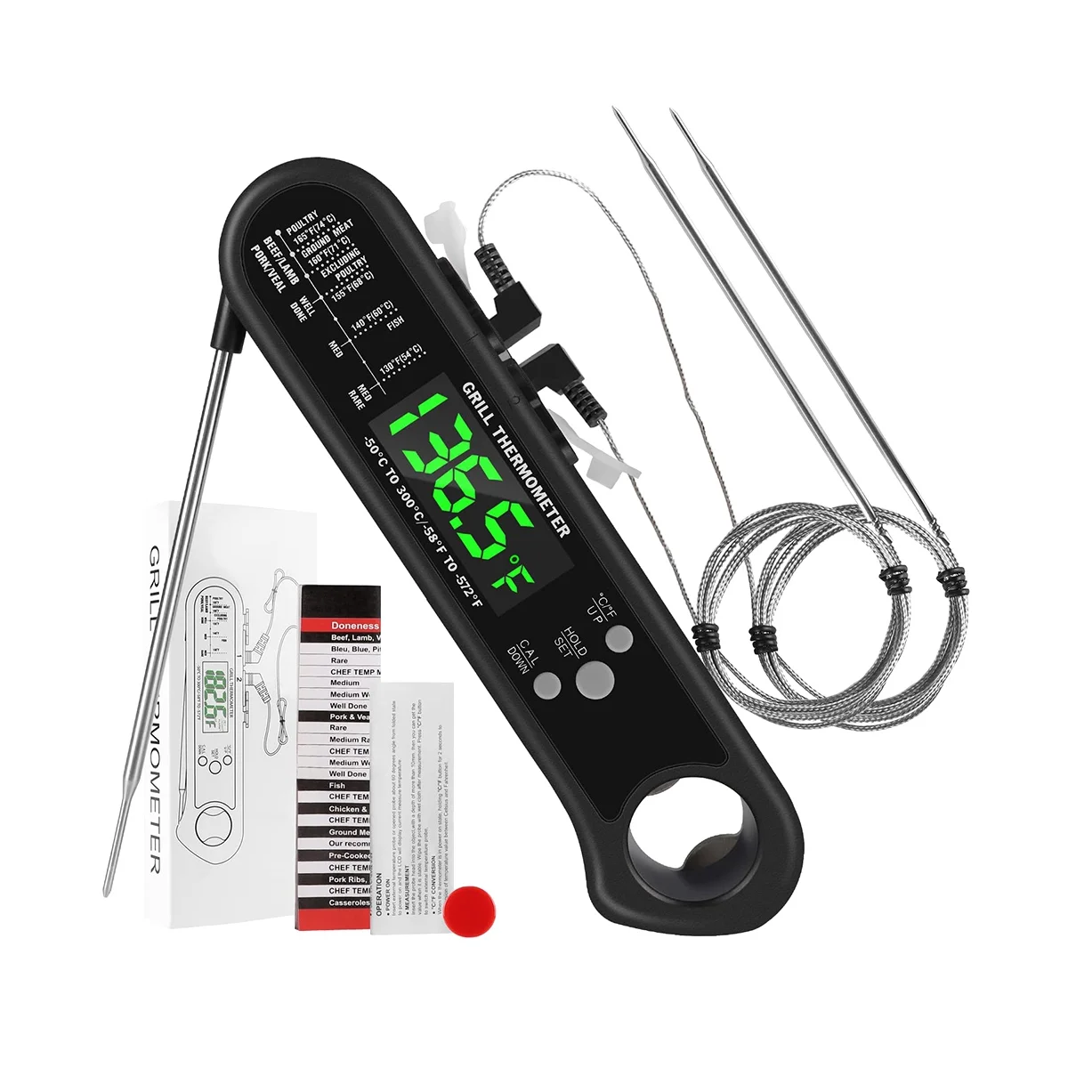 3 in 1 Digital Meat Thermometer, Instant Read Food Thermometer with 2 Detachable Wired Probe,Calibration, Alarm Function
3 in 1 Digital Meat Thermometer, Instant Read Food Thermometer with 2 Detachable Wired Probe,Calibration, Alarm Function