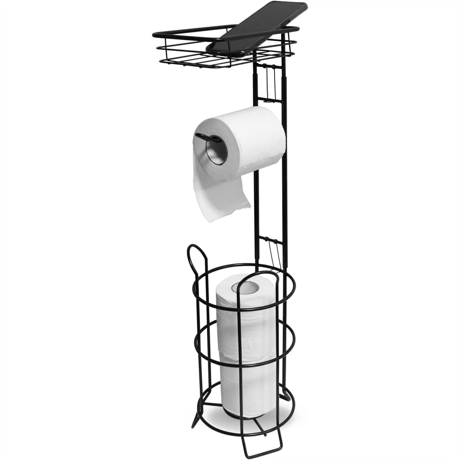 Toilet Paper Holder Stand Bathroom Storage with Raised Base, Tissue Roll Dispenser and Top Shelf, Black
Toilet Paper Holder Stand Bathroom Storage with Raised Base, Tissue Roll Dispenser and Top Shelf, Black