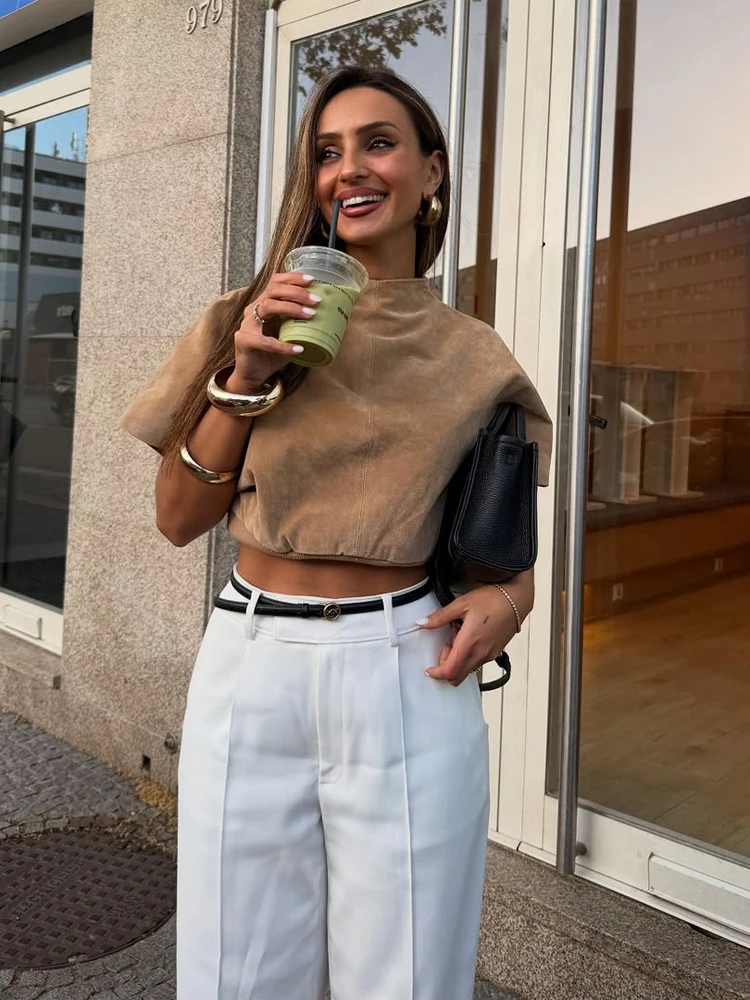 Suede Cropped T-shirt Women Fashion Elegant Round Neck Short Sleeve Waist Cinching Loose Tee Summer Lady Daily Street Tops
Suede Cropped T-shirt Women Fashion Elegant Round Neck Short Sleeve Waist Cinching Loose Tee Summer Lady Daily Street Tops