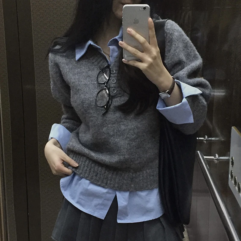 Уличная одежда, лоскутный свитер, женские модные вязаные пуловеры с длинными рукавами, корейский трикотаж с отложным воротником, зимние повседневные джемперы
Уличная одежда, лоскутный свитер, женские модные вязаные пуловеры с длинными рукавами, корейский трикотаж с отложным воротником, зимние повседневные джемперы