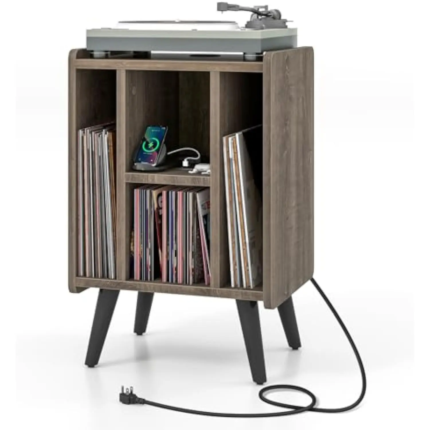 Record Player Stand, Turntable Stand with Charging Station, Mid-Century Modern Nightstand with 4 Storage Compartments, Vinyl R
Record Player Stand, Turntable Stand with Charging Station, Mid-Century Modern Nightstand with 4 Storage Compartments, Vinyl R