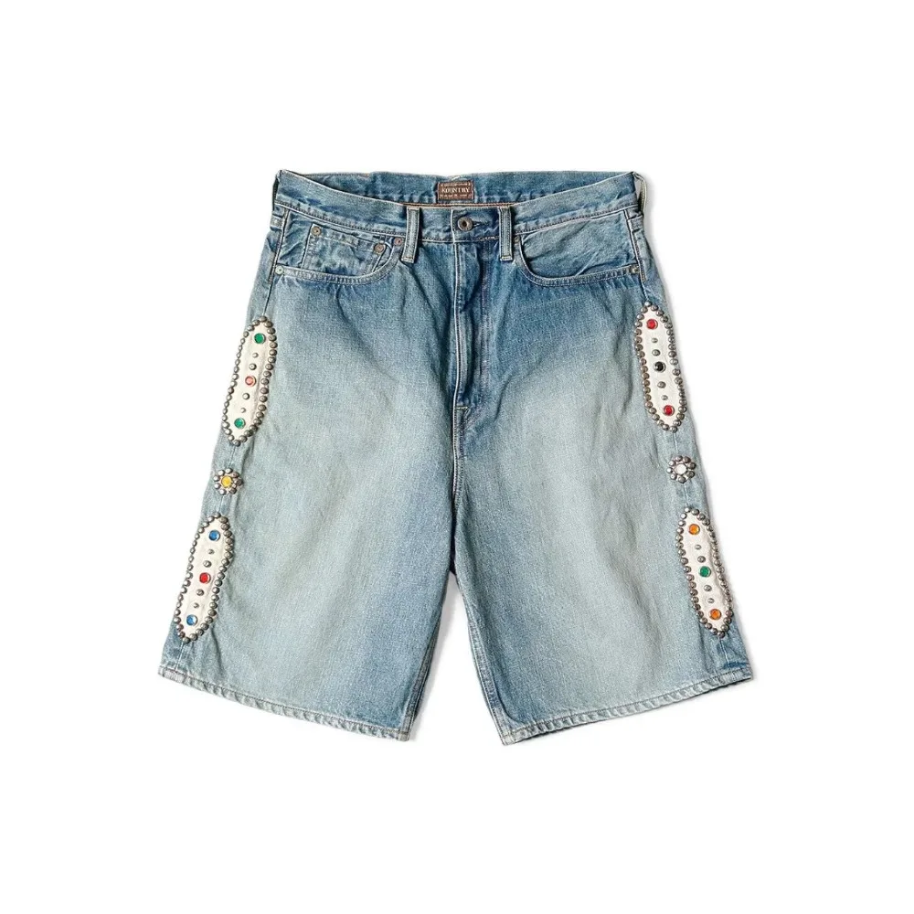 Japan Kapital Hirata 23SS New Blue Dyed Retro Made Old Wash Loose Rivet Colored Inlaid Diamond Gem Denim Shorts for Men
Japan Kapital Hirata 23SS New Blue Dyed Retro Made Old Wash Loose Rivet Colored Inlaid Diamond Gem Denim Shorts for Men