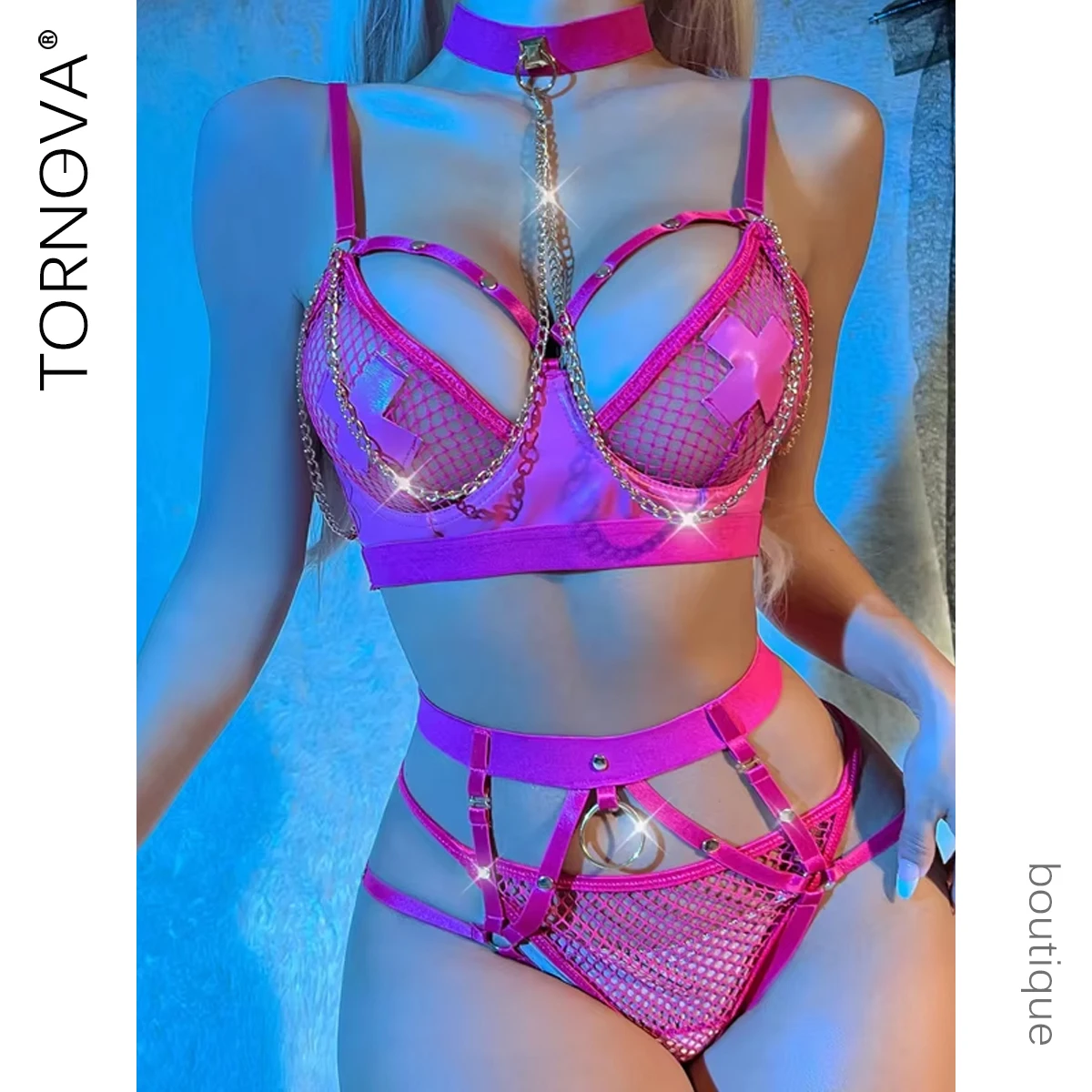 Tornova 3-Piece Suit Sexy Hot Girl Mesh Hollow Underwear Set Belt Collar for Women Metal Chain Mesh Patchwork Underwear Set New
Tornova 3-Piece Suit Sexy Hot Girl Mesh Hollow Underwear Set Belt Collar for Women Metal Chain Mesh Patchwork Underwear Set New