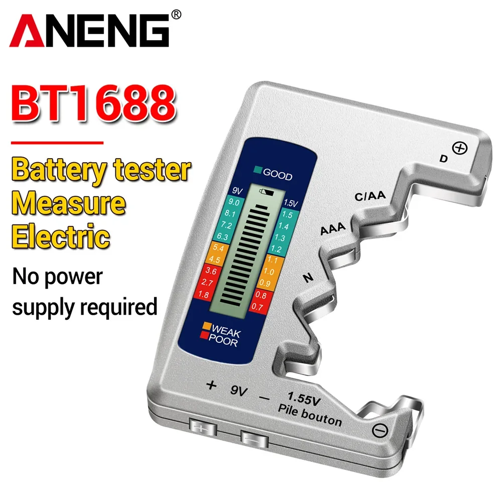 ANENG BT1688 Universal Card Battery Tester D C AA AAA N Battery Test Intuitive Detector Portable 9V 1.55V Button Cell Tools
ANENG BT1688 Universal Card Battery Tester D C AA AAA N Battery Test Intuitive Detector Portable 9V 1.55V Button Cell Tools
