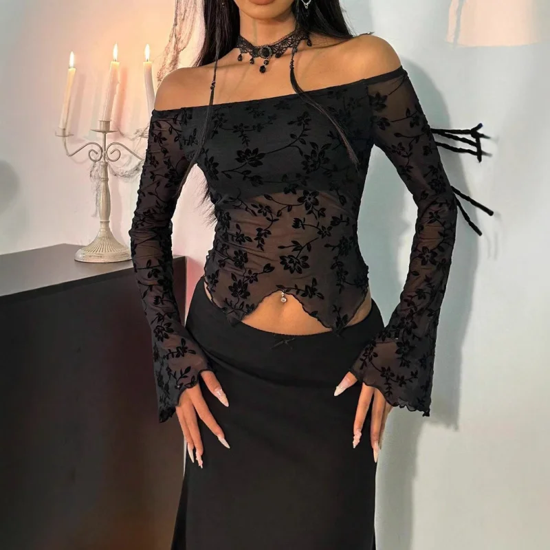 2025Autumn Winter New Elegant Women's Black Floral Mesh Off Shoulder Flared SleevesTWomen's T-shirt
2025Autumn Winter New Elegant Women's Black Floral Mesh Off Shoulder Flared SleevesTWomen's T-shirt