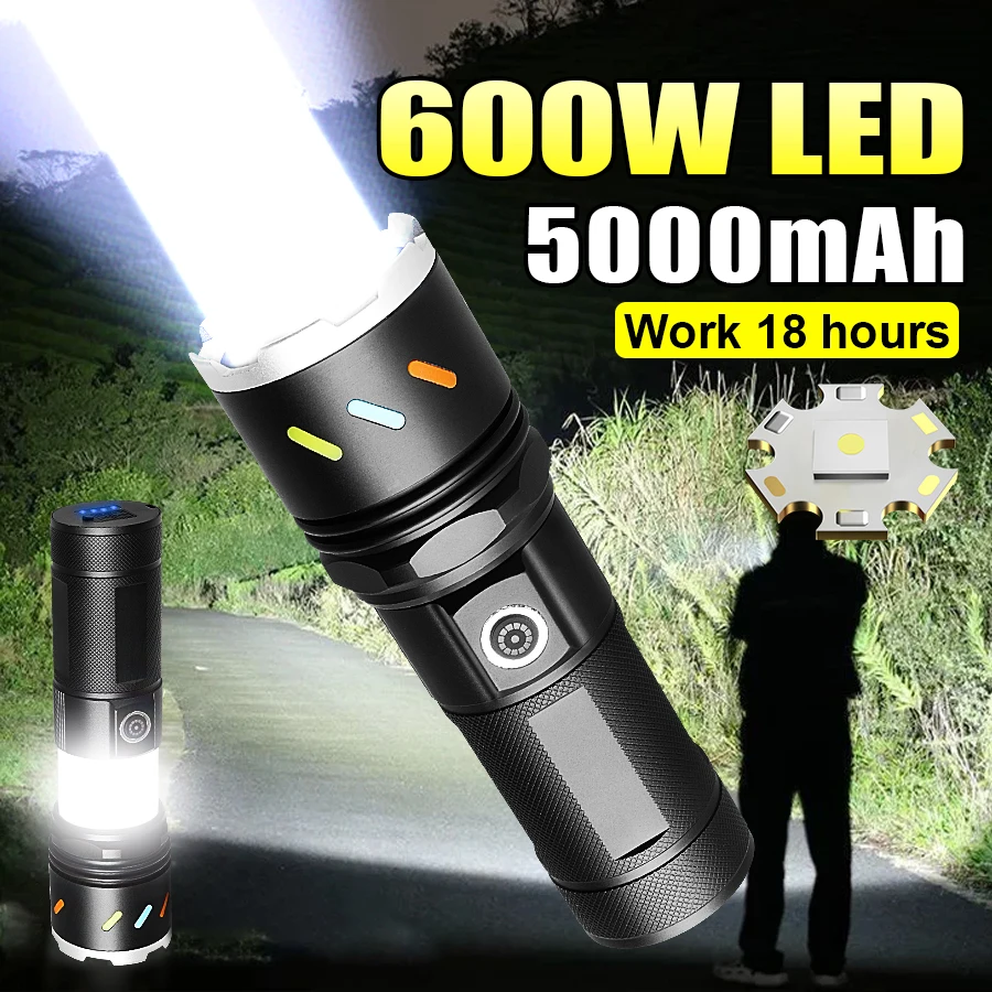 Rechargeable Flashlight 600W LED Powerful Torch Light With COB Lights Tactical Flashlights 5000mAh Camping Lamp Outdoor Fishing
Rechargeable Flashlight 600W LED Powerful Torch Light With COB Lights Tactical Flashlights 5000mAh Camping Lamp Outdoor Fishing