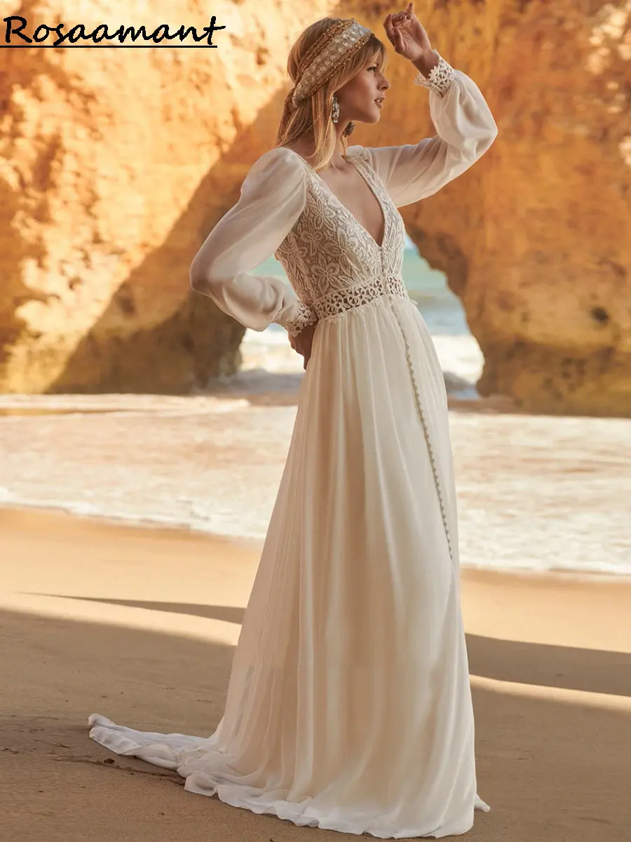 Chiffon V-Neck Long Sleeve A-Line Wedding Dresses Open Back Appliques Lace Boho Country Bridals Gowns
Chiffon V-Neck Long Sleeve A-Line Wedding Dresses Open Back Appliques Lace Boho Country Bridals Gowns