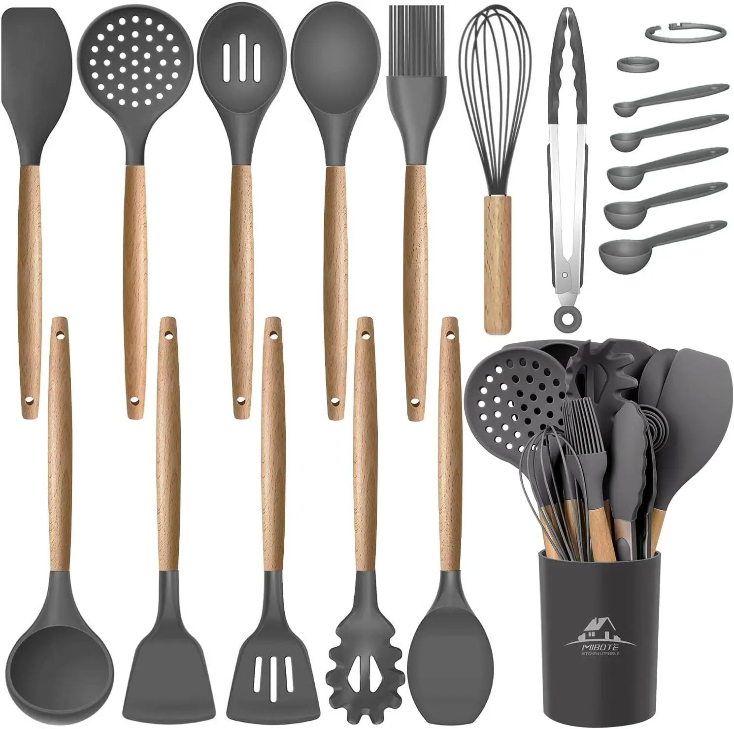 17 Pcs Silicone Kitchen Utensils Set with Holder, Wooden Handles Turner Tongs Spatula Spoon Gadgets for Nonstick Cookware Grey
17 Pcs Silicone Kitchen Utensils Set with Holder, Wooden Handles Turner Tongs Spatula Spoon Gadgets for Nonstick Cookware Grey
