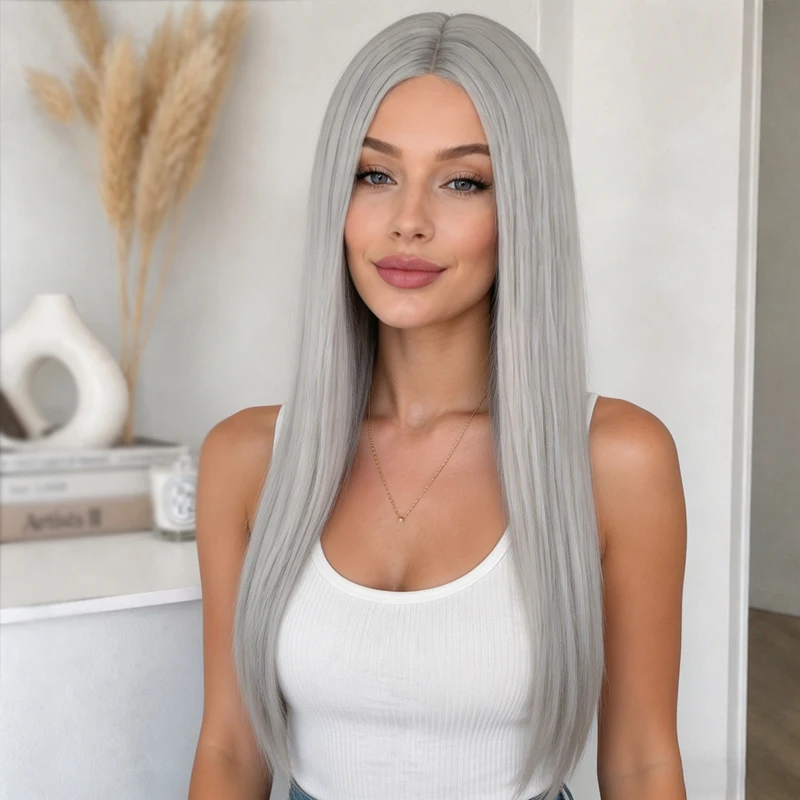 28-inch elegant silver-gray long straight hair wig for women, made of synthetic hair, suitable for everyday party looks.
28-inch elegant silver-gray long straight hair wig for women, made of synthetic hair, suitable for everyday party looks.