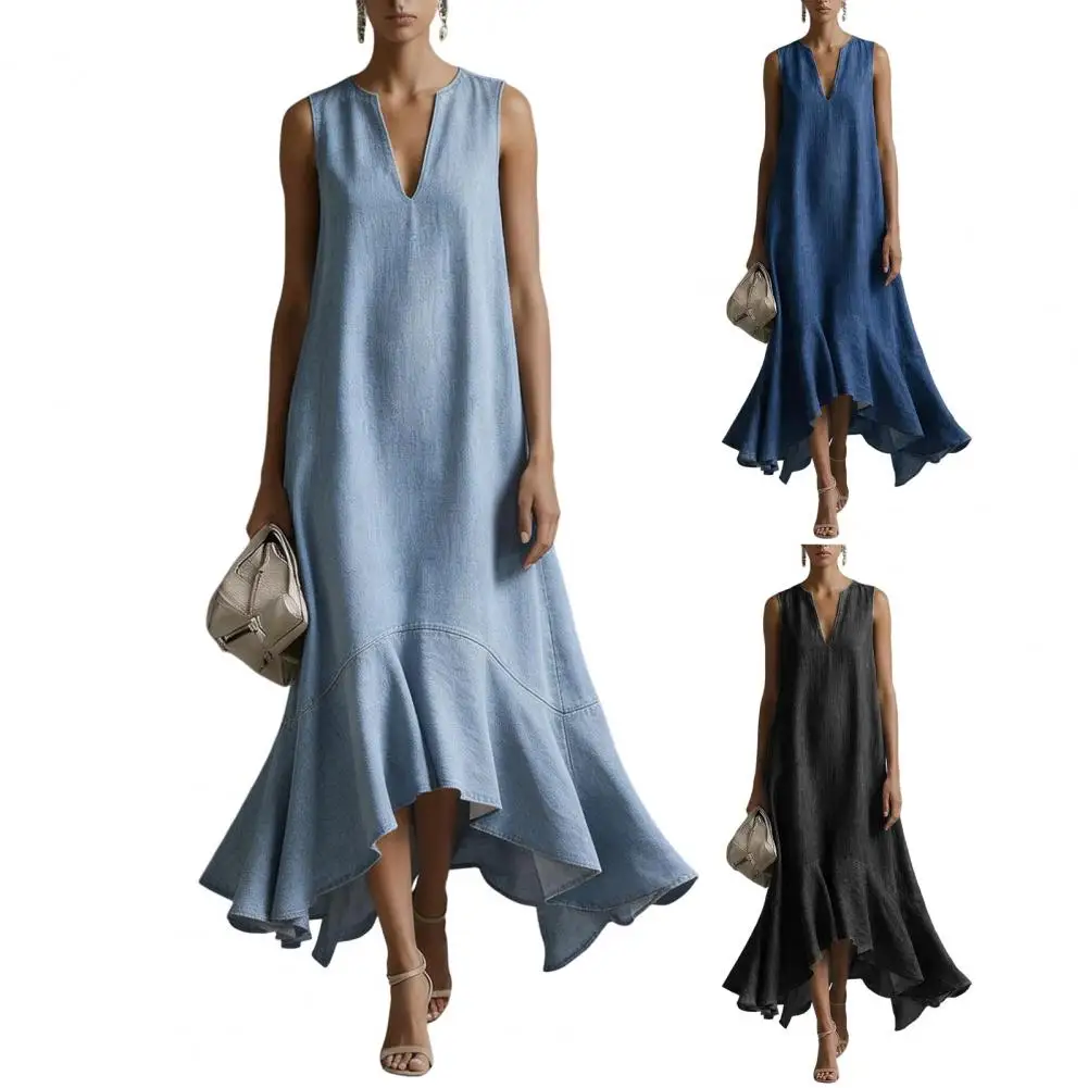Bohemian Spring V Neck Vacation Maxi Dress Woman Casual Long Denim Dress Loose Sleeveless V Neck Maxi Dress Beach Vacation Ruffl
Bohemian Spring V Neck Vacation Maxi Dress Woman Casual Long Denim Dress Loose Sleeveless V Neck Maxi Dress Beach Vacation Ruffl