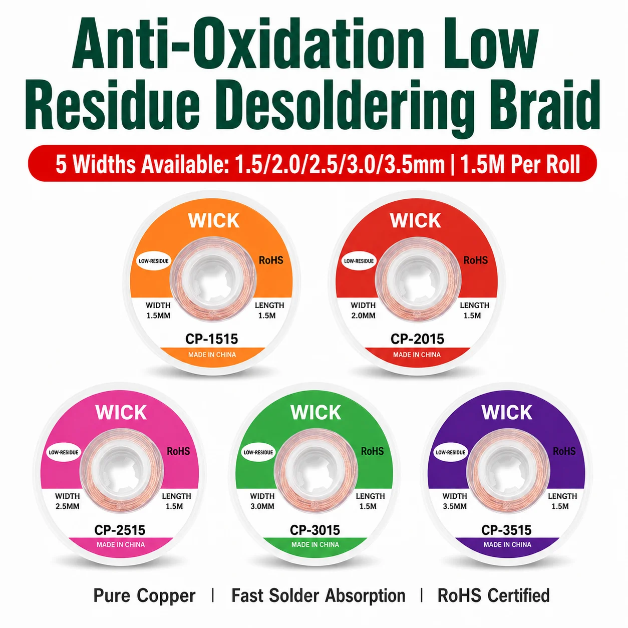 Desoldering Braid Solder Wick 1.5/2.0/2.5/3.0/3.5mm 1.5M/3M Low Residue Pure Copper Wire for PCB BGA SMD Soldering Repair Tool
Desoldering Braid Solder Wick 1.5/2.0/2.5/3.0/3.5mm 1.5M/3M Low Residue Pure Copper Wire for PCB BGA SMD Soldering Repair Tool