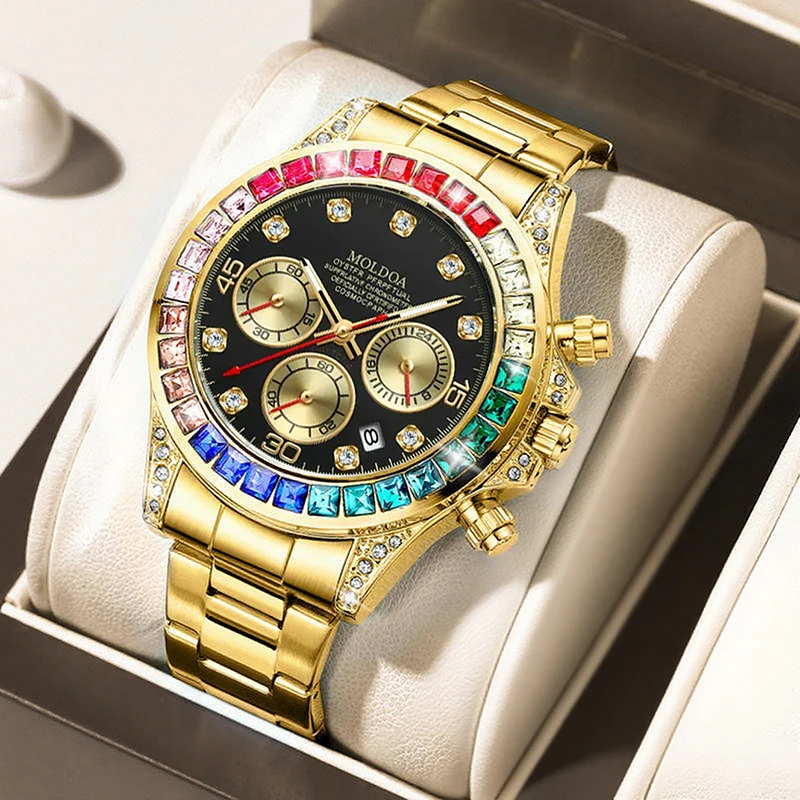 Мужские аналоговые многофункциональные кварцевые часы с золотым стальным ремешком.
Мужские аналоговые многофункциональные кварцевые часы с золотым стальным ремешком.