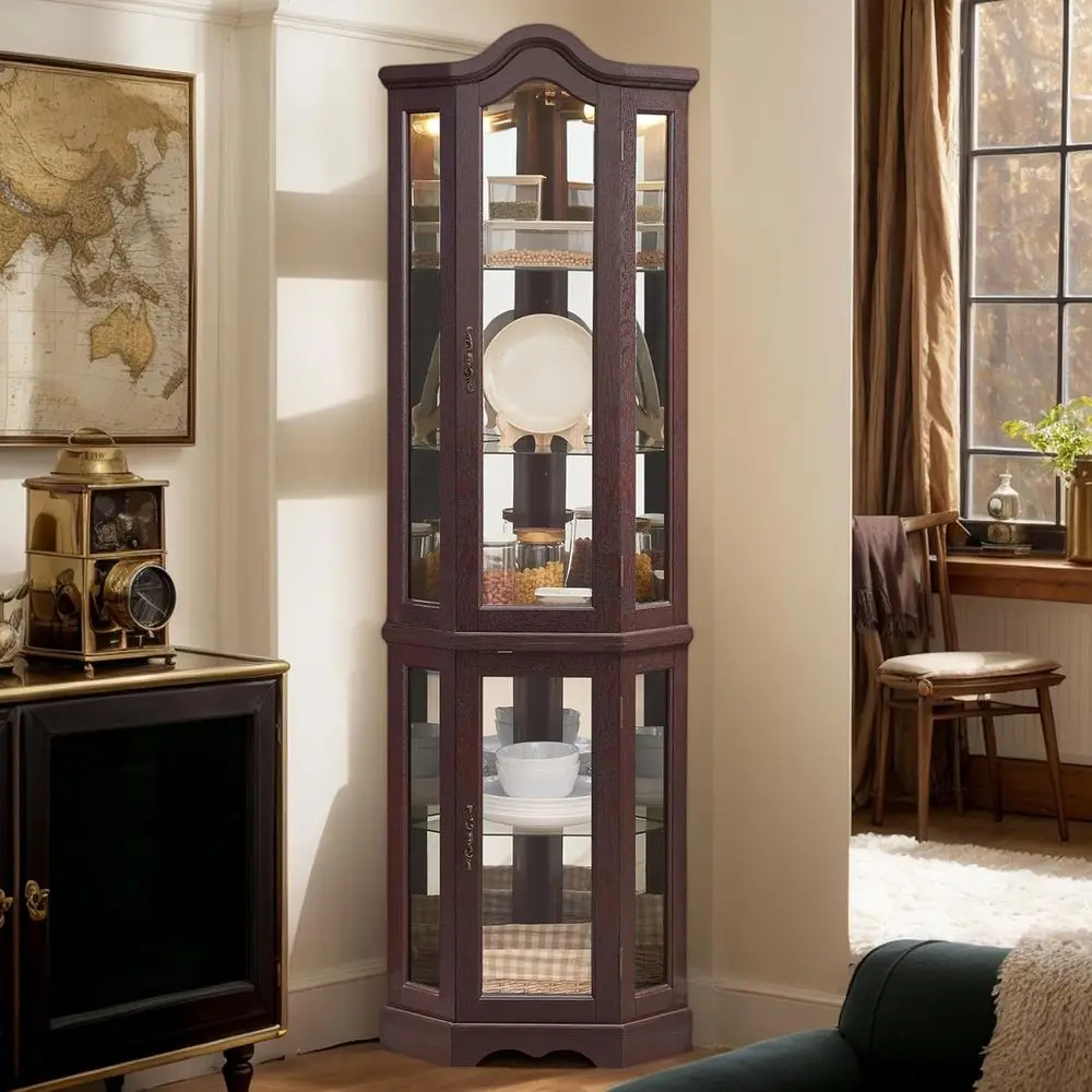 70.5 Tall Wooden Curio Cabinet with Tempered Glass, Cherry Finish, for Displaying China, Wine, and Liquor Storage
70.5 Tall Wooden Curio Cabinet with Tempered Glass, Cherry Finish, for Displaying China, Wine, and Liquor Storage
