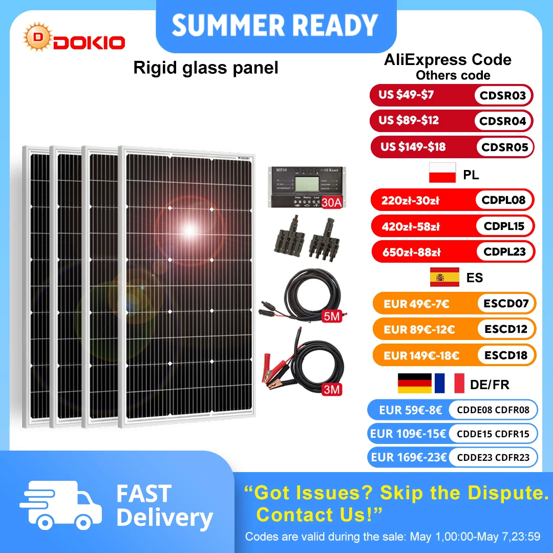 Dokio Waterproof Rigid Monocrystalline Solar Panel Kit (100W/200W/400W) with Controller - for Home & 12V Car Battery Charging
Dokio Waterproof Rigid Monocrystalline Solar Panel Kit (100W/200W/400W) with Controller - for Home & 12V Car Battery Charging