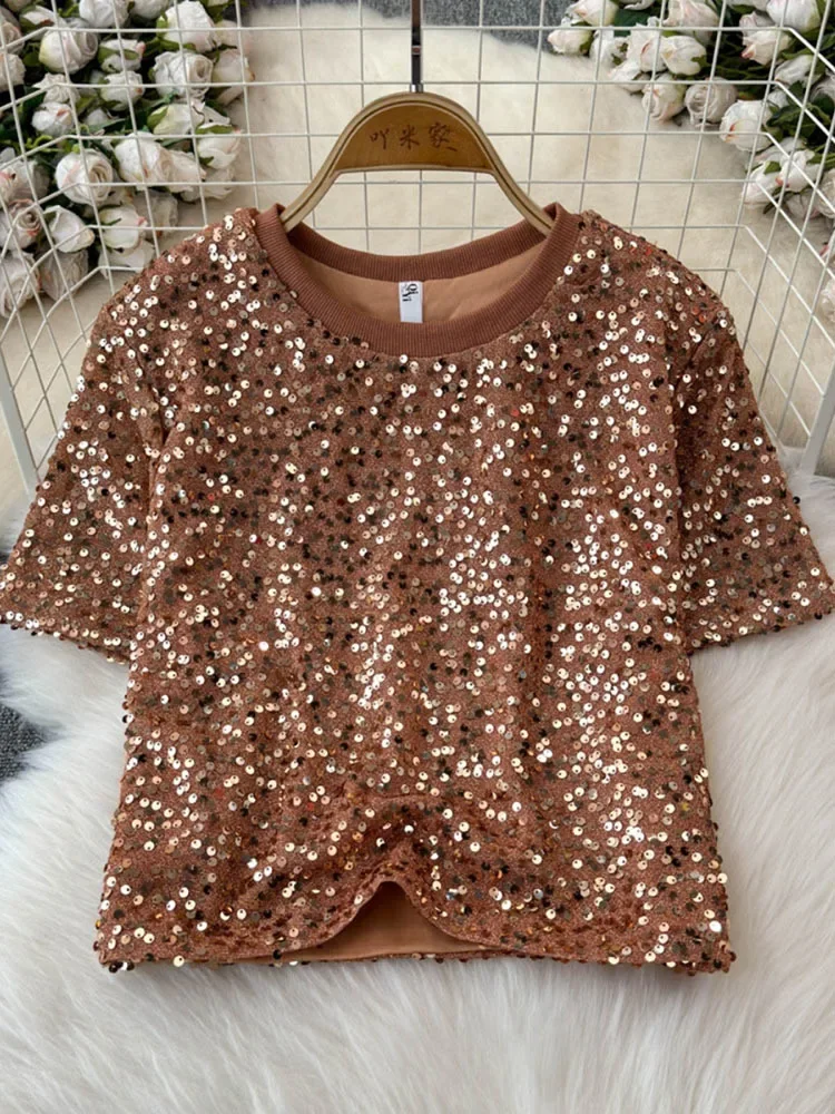 Summer Ladies Chic Harajuku Sexy Shiny T-shirt Female Streetwear Short Sleeve Sequin Crop Top Women Spring
Summer Ladies Chic Harajuku Sexy Shiny T-shirt Female Streetwear Short Sleeve Sequin Crop Top Women Spring
