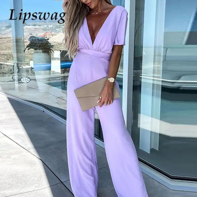 Summer Flared Sleeve Jumpsuit Fashion V-Neck Solid Color Wide Leg Pants Sportswear Elegant High Waist Office Commuter Jumpsuit
Summer Flared Sleeve Jumpsuit Fashion V-Neck Solid Color Wide Leg Pants Sportswear Elegant High Waist Office Commuter Jumpsuit