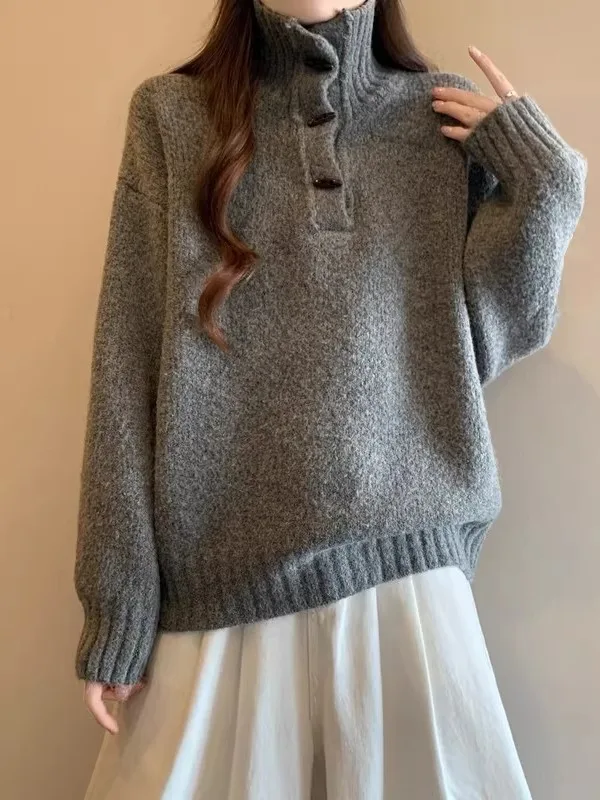 Gray Knitted Sweater High Collar Shoulder Size Large Women's Spring New Lazy Style Top Cow Horn Button Casual Commute Style L...
Gray Knitted Sweater High Collar Shoulder Size Large Women's Spring New Lazy Style Top Cow Horn Button Casual Commute Style L...
