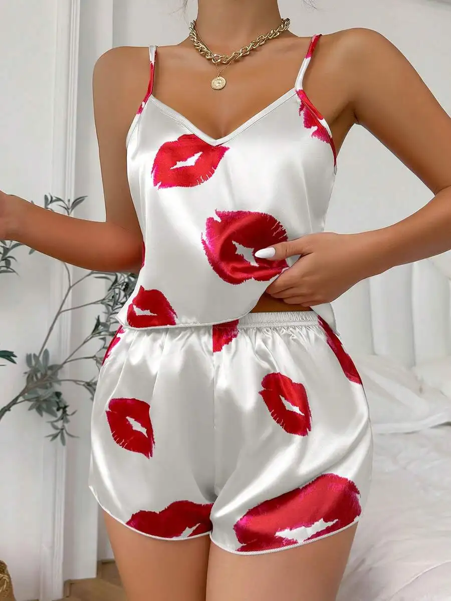 White Lip Print Satin Camisole And Shorts Pajama Set For Women
White Lip Print Satin Camisole And Shorts Pajama Set For Women