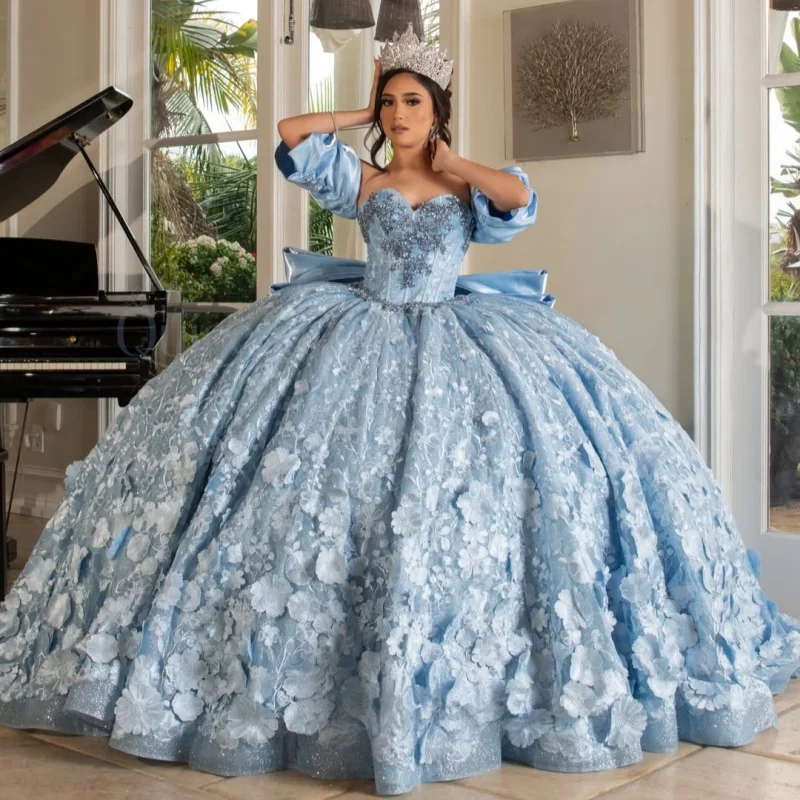 Blue Quinceanera Dress off-shoulder Glitter 3D Flower Crystal Decal Long tail Big Bow vestidos de 15 Quinceanera Customize
Blue Quinceanera Dress off-shoulder Glitter 3D Flower Crystal Decal Long tail Big Bow vestidos de 15 Quinceanera Customize