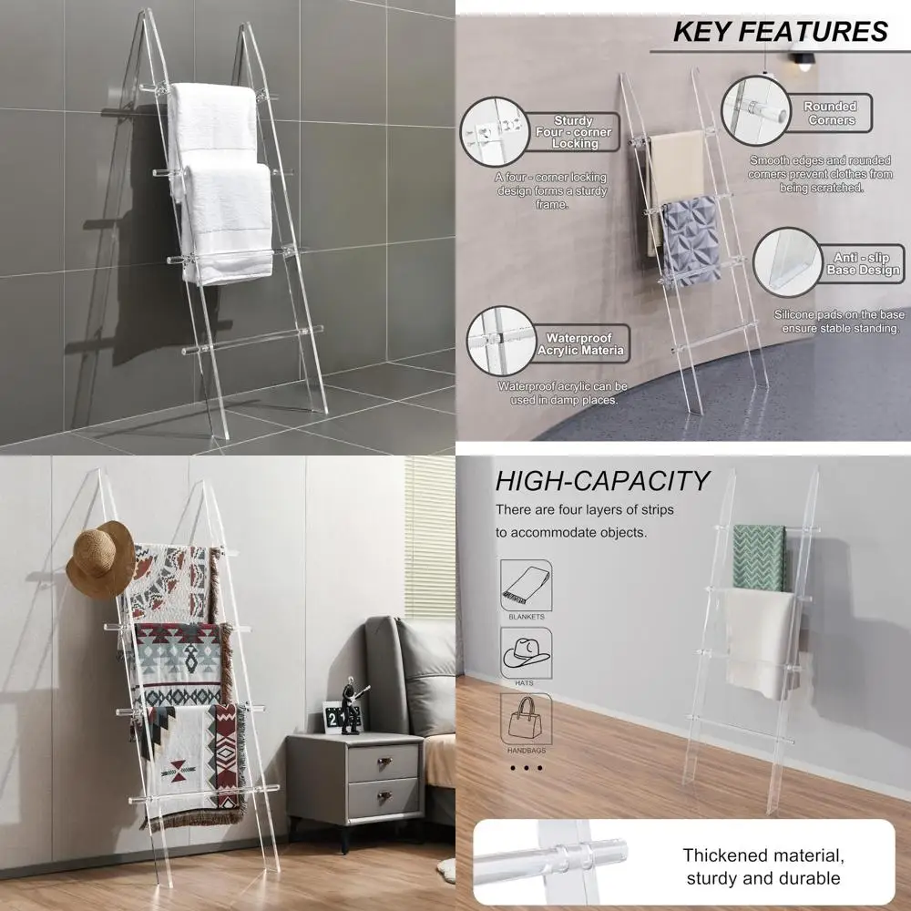 4-Tier Clear Leaning Wall Rack for Towels and Blankets, Waterproof and Anti-Slip for Living Room and Bedroom Use
4-Tier Clear Leaning Wall Rack for Towels and Blankets, Waterproof and Anti-Slip for Living Room and Bedroom Use